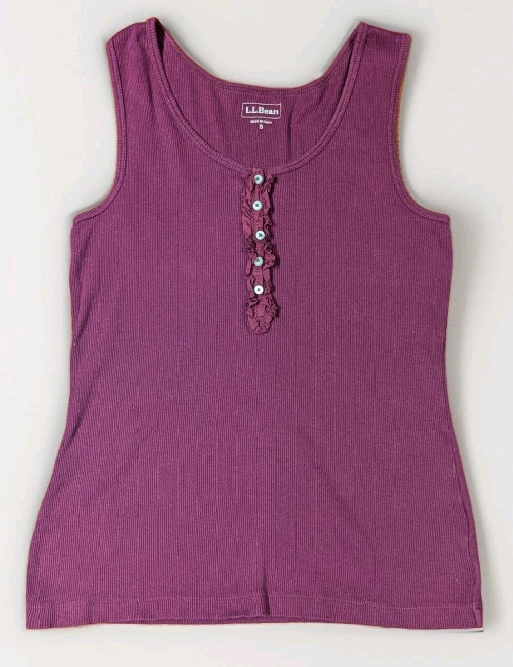L.L.Bean Womens Small Ribbed Henley Tank Top Burgundy Ruffle Button Sleeveless